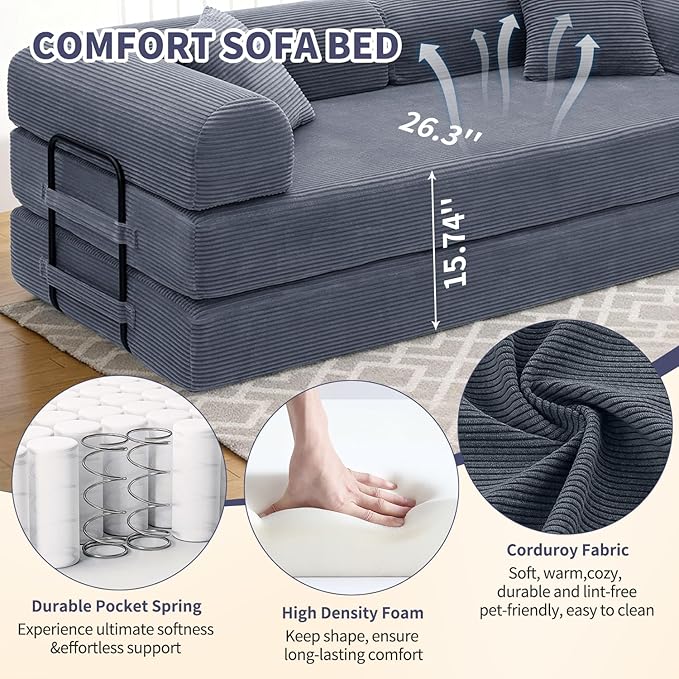 Convertible Sleeper Sofa Bed 1600lbs Weight Capacity Floor Sofa Bed with Fixed-Shape Frame Corduroy Foldable Couch for Small Space Lounge Mattress for Living Room Apartment Game Room (Dark Grey)