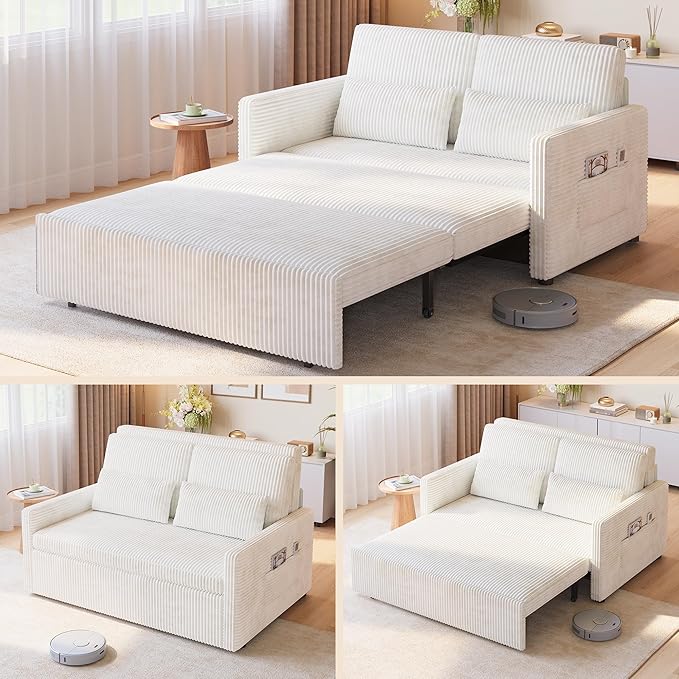 Ahomly Convertible Loveseat Sleeper Sofa Bed 3 in 1 Pull Out Couch Bed with 77.2'' Sleeper Length Corduroy Sofa with 8.7'' Ground Clearance for Living Room Bedroom Beige
