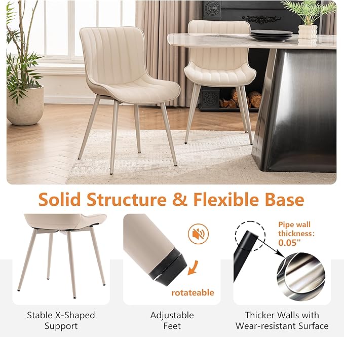 YOUNUOKE Mid-Century Modern Dining Chairs Set of 2 Cream PU Leather Upholstered Kitchen Chairs with Cream Metal Legs Armless Accent Chair for Dining Room Guest Reception Room