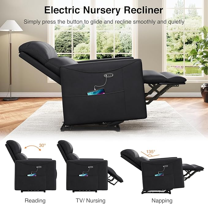 Power Recliner Chair Reclining Chair PU Leather Small Recliners for Small Spaces Infinite Position Electric Recliner Chairs for Adults Electric Recliners with USB Port &amp Side Pocket Black