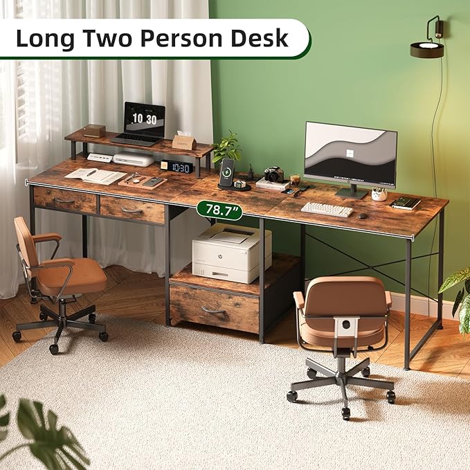 L Shaped Computer Desk 78.7 Reversible Home Office Desk with Printer Storage Shelf &amp 3 Fabric Drawers Two Person Desk with LED Lights &amp Power Outlet Corner Gaming Desk with Monitor Shelf
