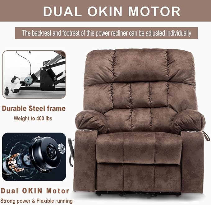 Large Power Lift Recliner Chair with Massage and Heat for ElderlyOverstuffed Wide ReclinersBreathable Leather with 2 Cup HoldersDual OKIN MotorRecline up to 180 Degrees