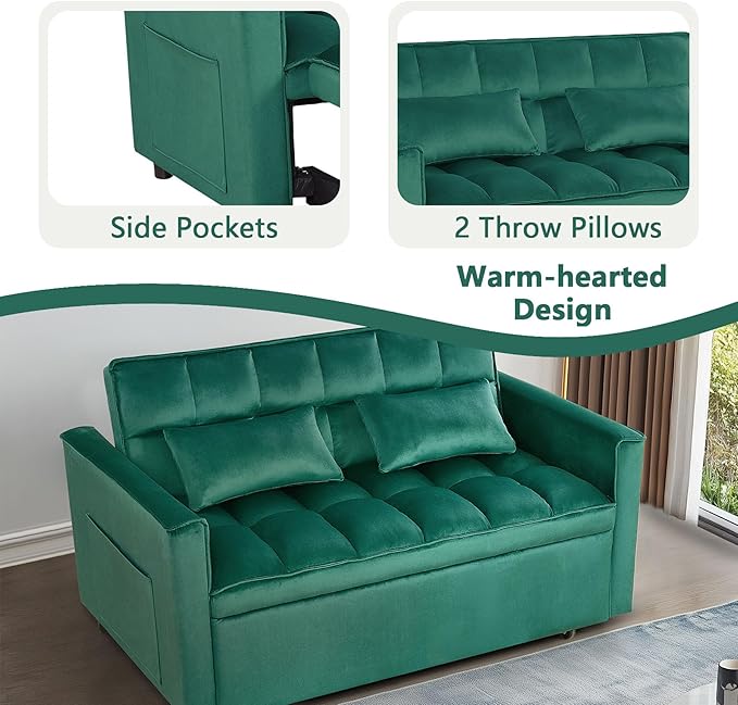 54 Convertible Sofa Bed Velvet Sleeper Sofa with Pull-Out Bed 3-in-1 Futon Couch with Reclining Backrest and Side Pocket Modern Loveseat for Living Room (Dark Green)