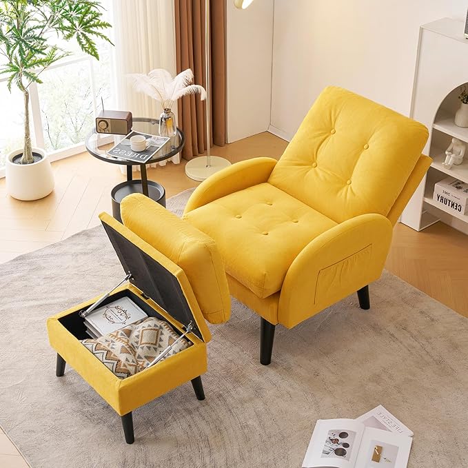 ELUCHANG Accent Chairs with Ottoman Upholstered Comfy Armchair with Adjustable Backrest&ampStorage Footrest Lazy Chair Reading Chair Leisure Sofa Recliner for Living Room Bedroom (Yellow - Linen)