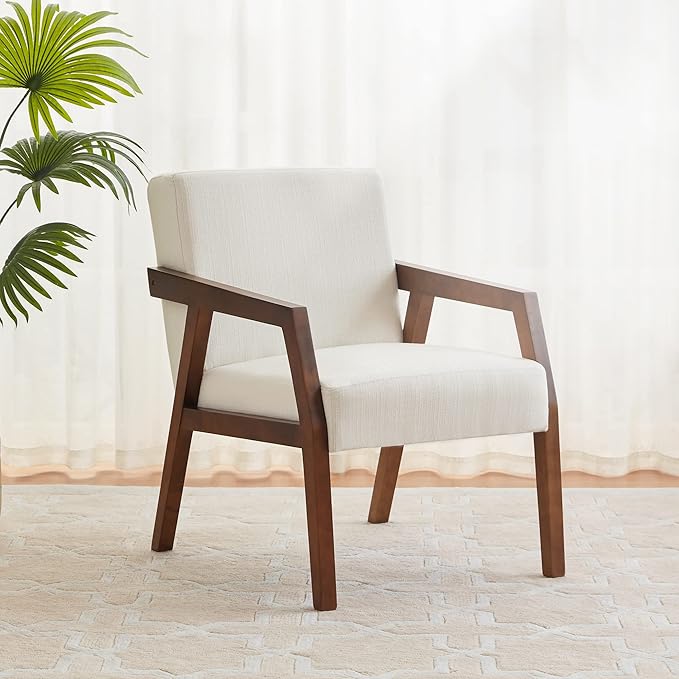 Solid Wooden Mid Century Modern Accent Chair Upholstered Arm Chair for Living Room Bedroom Linen Fabric Reading Chair Side Chair White CL902