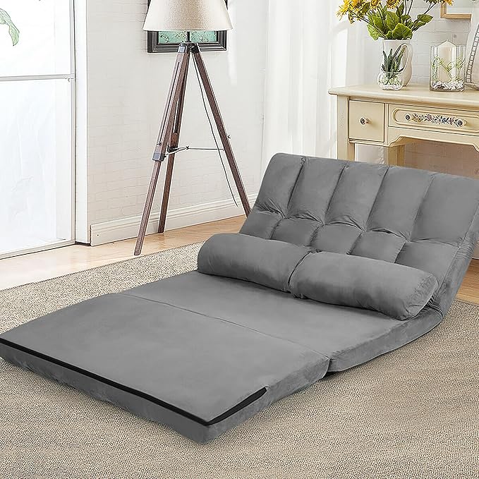 DORTALA Foldable Floor Sofa 6-Position Adjustable Lounge Couch with 2 Pillows &amp Suede Cloth Cover Modern Lounge Mattress Video Gaming Lazy Couch Floor Seating Sofa 71 x 44.5 Grey