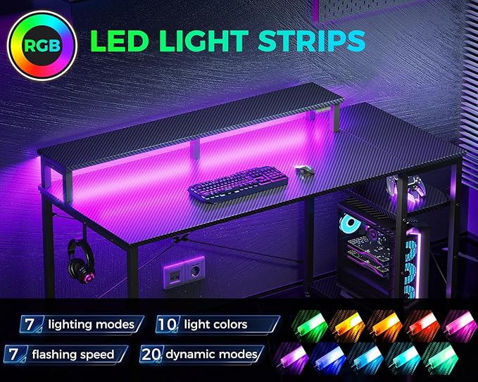 MOTPK 48 Inch Gaming Desk with Storage &amp Led Lights Computer Desk with Shelf Reversible Gamer Desk with Monitor Stand Carbon Fiber Texture Black
