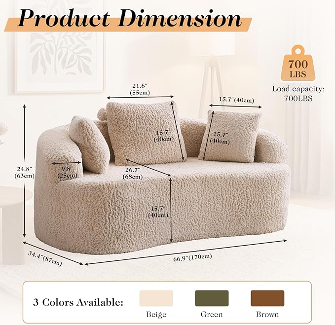 Curved Loveseat Sofa Couch Luxury Deep Seat Loveseat Sofa Couch for Small Place Modern Cloud Couch Floor Couch with 3 Pillows for Living Room &amp Bedroom No Assembly Required (Beige)