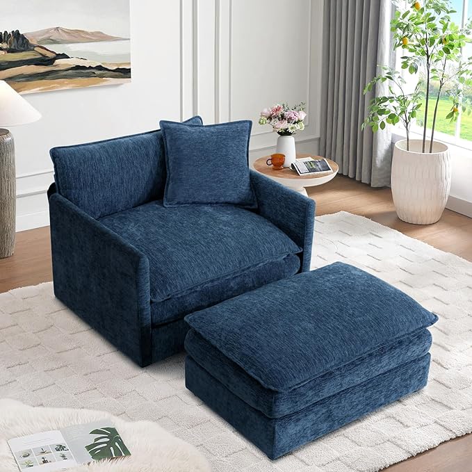 SLEERWAY Oversized Chair with Ottoman Set Modern Comfy Living Room Chenille Single Large Cloud Couch Lounge Chair Indoor for Bedroom Office Apartment Blue