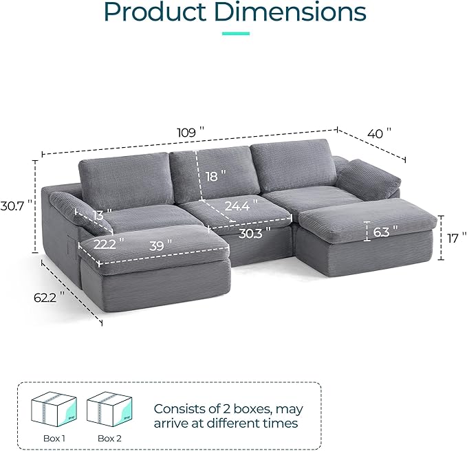 LINSY HOME 109 Modular Couch Modern Boneless Cloud Couch U Shaped Sofa with Movable Ottomans Deep Seat Corduroy Sectional Couches for Living Room Apartment No Assembly Required Grey