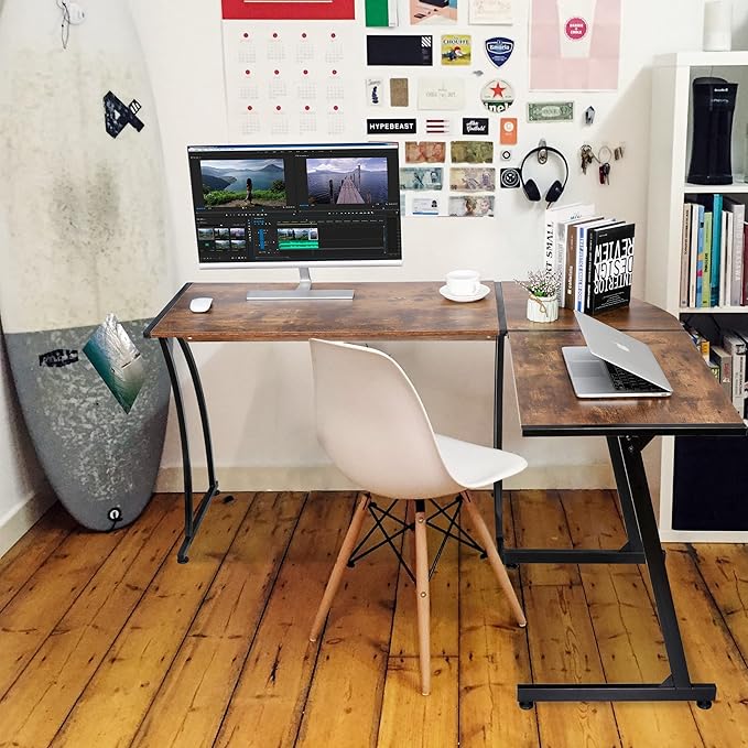 ZenStyle 55 L-Shaped Corner Computer Desk - Sturdy Steel Frame &amp Waterproof Surface Brown Wood Grain Design for Home Office Gaming &amp Multipurpose Workstation