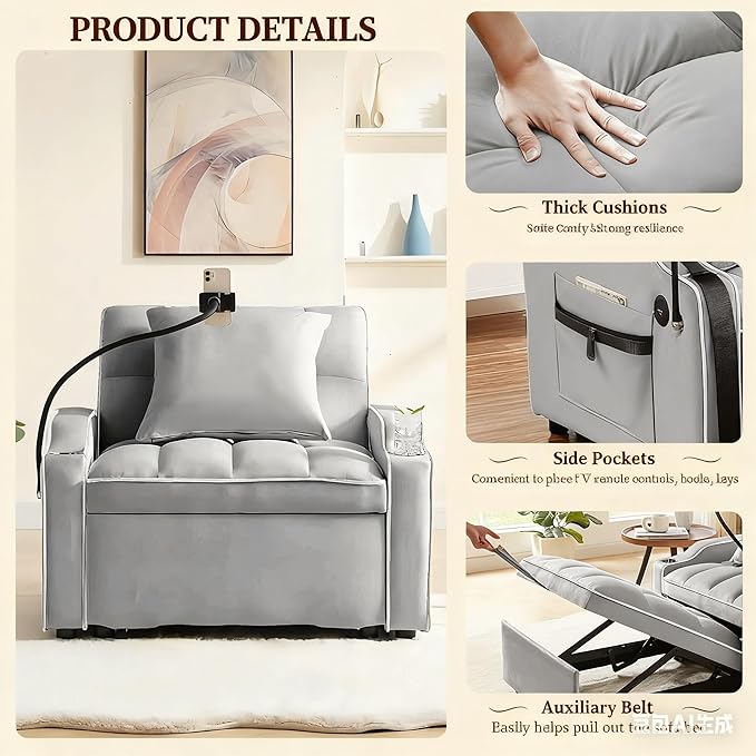 Convertible Sleeper Chair Pull Out Chair Sleeper with Bracket and Cup Holder Chairs Bed Sleepers for Adults 3 in 1 Sofa Bed Chairs for Small Spaces Living Room Dark Gray