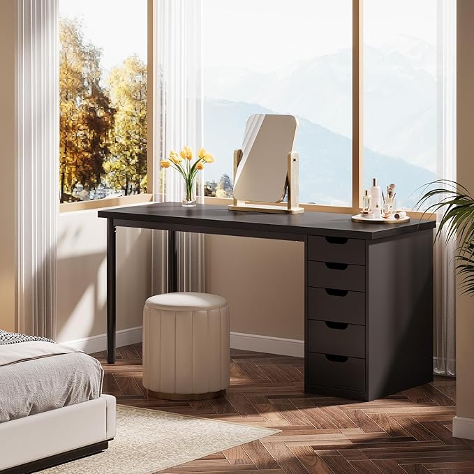 Tribesigns Modern Simple Computer Desk 47 Inches PC Desk with 5 Reversible Drawers Rustic Brown Study Writing Table Workstation for Home Office Small Spaces (Black)