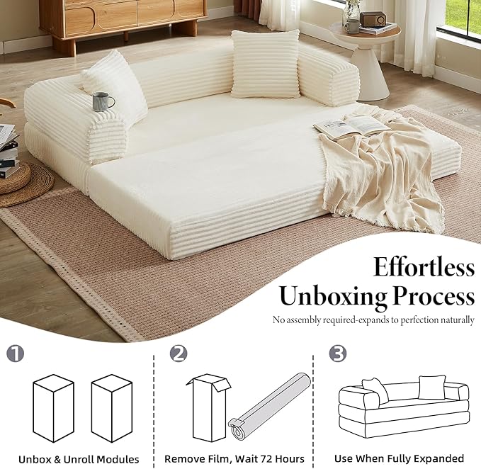 Folding Convertible Sleeper Sofa Bed Corduroy Upholstered Boneless Couch with Pillows Modular Floor Sofa Compression Couch for Living Room No Assembly Required (Beige)