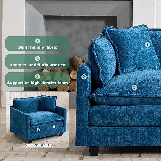 Sofa Couch for Living RoomModern Modular Sectional Sofa 1-Seat 42.1 Chenille Removable Memory Foam Sofa with 1 Throw Pillow for Bedroom ApartmentBlue