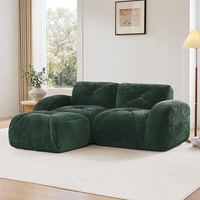 KEIKI 80 L-Shaped Velvet Modular Sectional Loveseat Sofa with High-Density Foam Cushion &amp 2 Pillow &amp 1 Ottoman Compressed Boneless 2-Seater Couch No Assembly Required for Living Room Gree