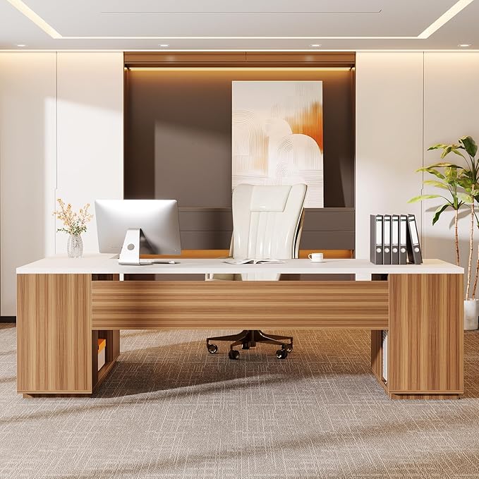 Tribesigns 85.8-Inch L-Shaped Executive Desk Extra Large Modern Office Desk with File Drawers Door Cabinet &amp Shelves Commercial Office Table Home Business Workstation White &amp Brown