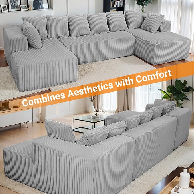 130 Modular Sofa Couch Convertible Sleeper Sofa Corduroy Sectional Sofa for Living Room Modern Cloud Couch with Deep Seat Chaise Comfy Oversize 4-6 Seat No Assembly (Gray)