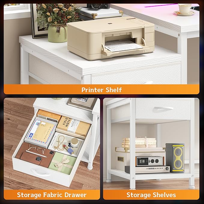 56 Inch White Desk with Drawers &amp Shelf to StorageComputer Desk with Power Outlet &amp LED LightsReversible Office Desk with Hooks for HeadphoneBagsDesk for BedroomDormTeens Study Room
