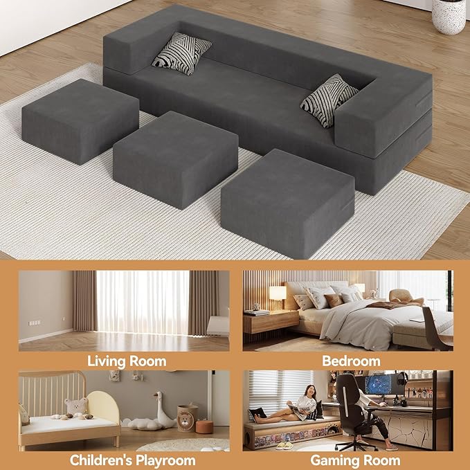 Queen 80 Folding Bed Couch Convertible Velvet Memory Foam Sofa Bed with Removable Velvet Cover3 OttomansFloor Sofa Sleeper Mattress For Guest Office Living Room Deep Blue (Deep Grey)