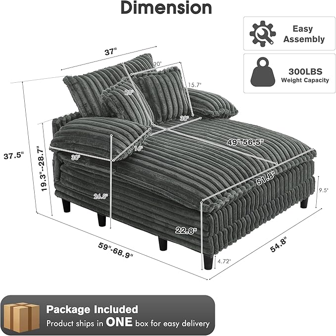55 W Oversized Chaise Lounge Sofa Couch with 5-Position Adjustable Backrest Plush Sleeper Chair Sofa Bed Reading Chair ‌with Deep Seat Cloud Couches for Living Room Bedroom Dark Grey