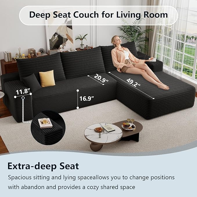 107.5 Cloud Sectional Couch with L-Shape Chaise Corduroy Boneless Couch for Living Room Modern Memory Foam Sofa with Deep SeatNo Assembly Required(Jet Black-Right Facing Chaise)