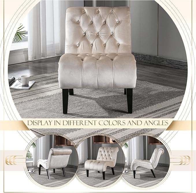 KINFFICT Velvet Accent Lounge Chair for Living Room Modern Leisure Chair with Tufted Backrest Indoor Armless Side Chair Upholstered Bedroom Sleeper Chairs with Solid Wood Legs