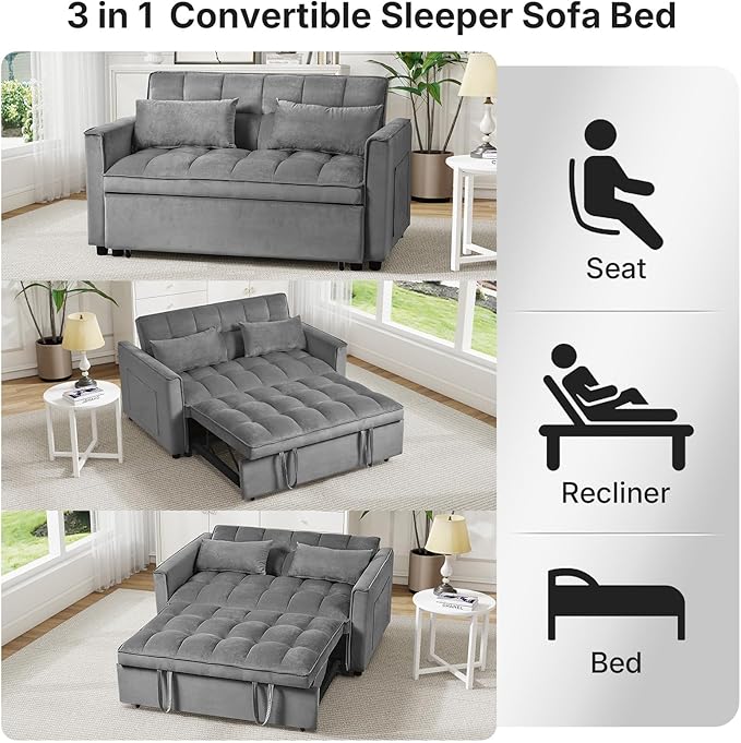 Rovibek 3 in 1 Sleeper Sofa Bed 53'' Pull Out Couch Convertible Futon Loveseat with Adjustable Backrest Velvet Sleeper Chaise Lounge Futon for Apartment Office Small Space Dark Grey