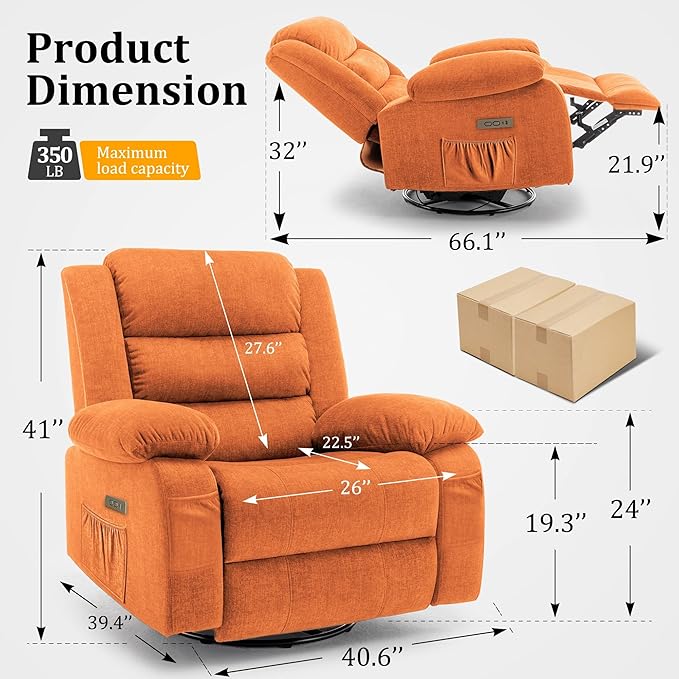 Power Recliner Chair Electric Rocker Recliner with Massage and Heat 270° Swivel Glider Oversized Wide Seat with USB Port Cashmere Nursery Chair for Living Room Orange