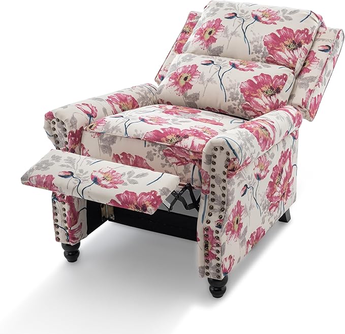Pushback Recliner Chair Upholstered Armchair Wingback Recliner Chair Floral Fabric Push Back Recliner with Wood Legs Rivet Trim Single Sofa Accent Chair for Living Room Bedroom Pattern White