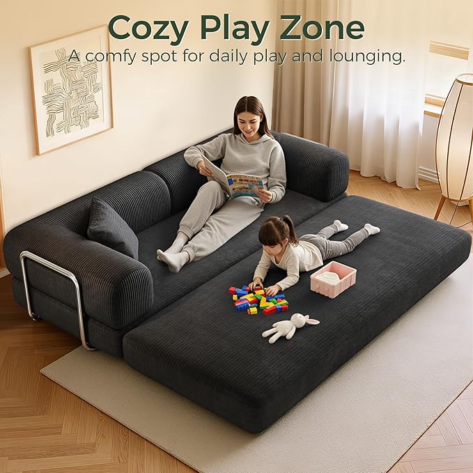 78.5'' Convertible Folding Sofa Bed – 4-in-1 Modular Floor Couch Corduroy Small Cloud Couch Compressed Foldable Sleeper Sofa King Size Futon for Bedroom Guest Room (Black-02)