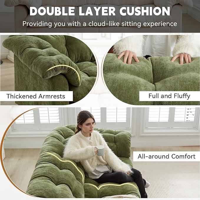 3-Seater Couch 94.8 inch Oversized Modern Comfy Tufted Chenille Fabric Cloud Fluffy Foam Deep Seat Soft Loveseat Sofa Couch for Living Room Bedroom Office Green