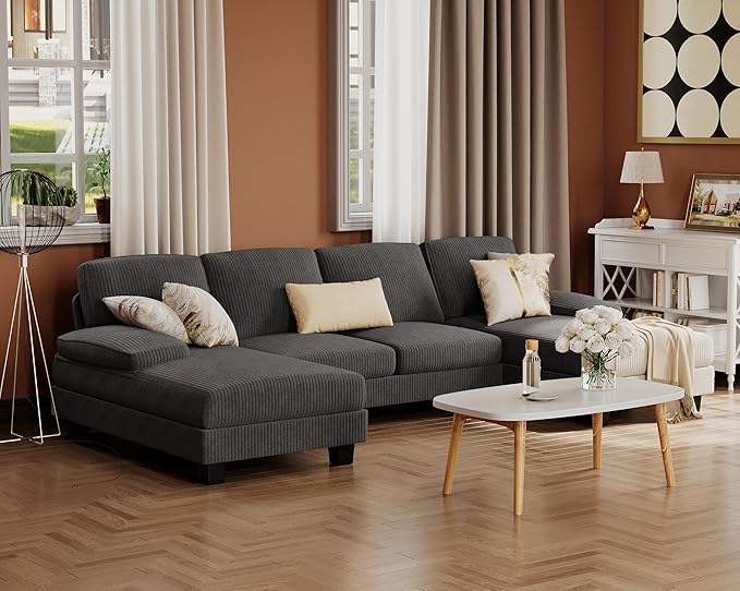 Furmax Sectional Couches for Living Room U-Shaped Sofa Couch with Linen Fabric 4 Seat Sofa Set with Double Chaise for Apartment (Corduroy Dark Grey)