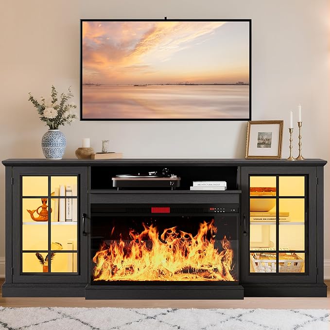 80 Fireplace TV Stand with 3-Sided Glass TV Cabinet for TVs up to 90 Modern Media Entertainment Center with Farmhouse Glass Door Storage Cabinets for Living Room Black