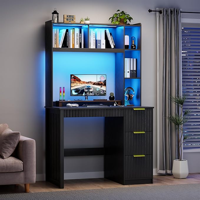 HNEBC Home Office Desk with Hutch and Drawers - 39 Standing Computer Desk with Charging Station&amp3 Color LightsHidden Compartment &amp Fluted Panel Design LED Writing Desk for Bedroom Study (B
