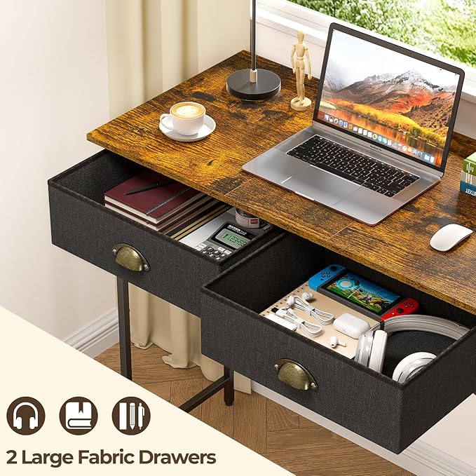 Small Writing Desk for Kids Bedroom 31.5 Inch Computer Desk for Small Spaces Simple Desk with 2 Fabric Drawers for Home Office Dorm Living Room Home Study Table Rustic Brown