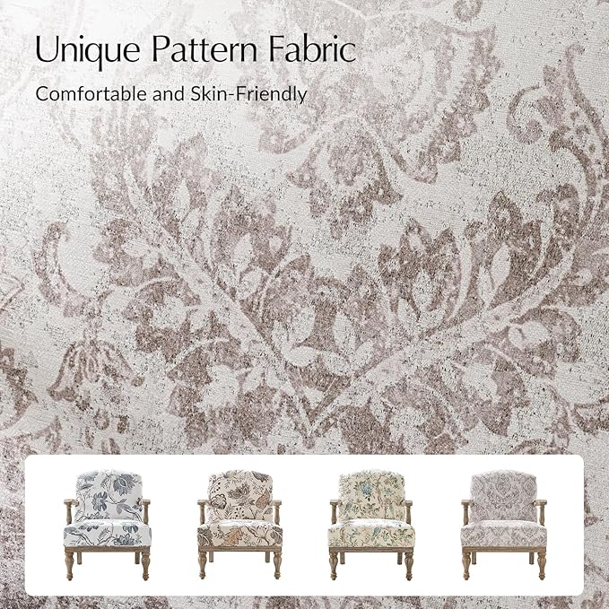 HULALA HOME Floral Accent Chair Set of 2 with Solid Wood Spindle Legs and Arms Upholstered Fabric Armchair with Solid Wood Base Patterned Wingback Chair for Farmhouse Living Room Bedroom Beige