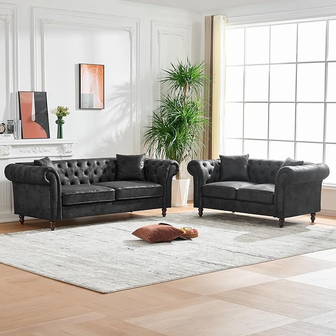 Air Leather Tufted Sofa Couch for Living Room Rolled Arm 3-Seater Sofa Couch with 2 Pillows Small Apartment Chesterfield Sofa