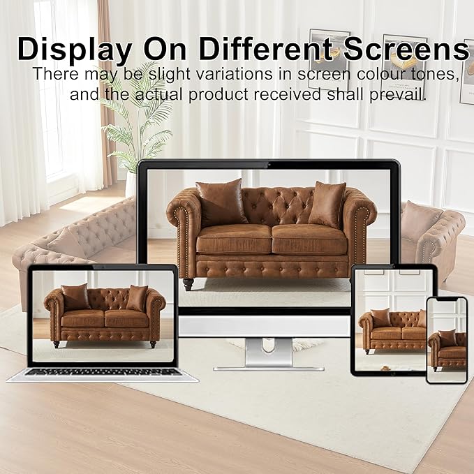 KEIKI Chesterfield Sofa Retro Style Upholstered 2 Seater Tech Fabric Couch with Rolled Arm for Living Room Bedroom Office Brown
