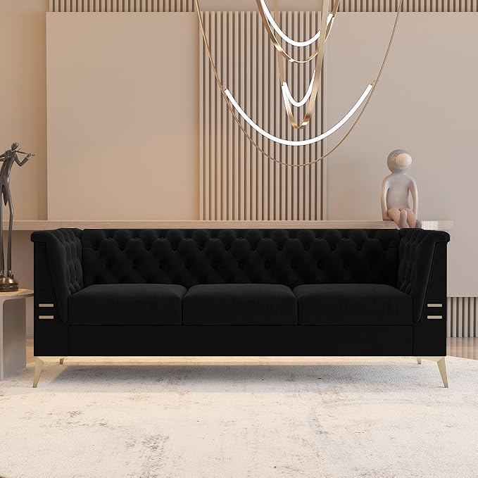 WILLIAMSPACE Chesterfield Black Sofa 3 Seater Velvet Couches Upholstered Tufted Sectional Sofa for Living Room/Office/Apartment