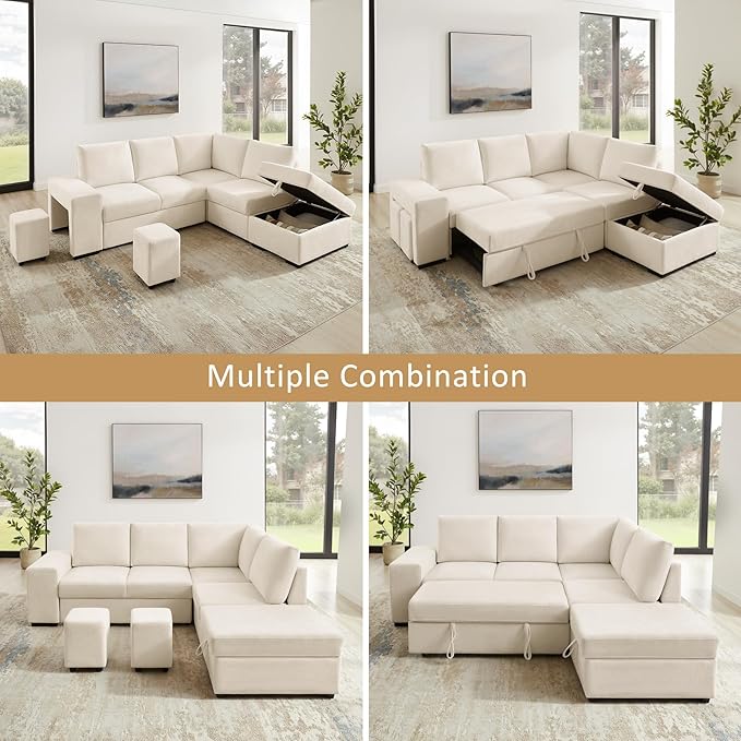 VANOMi 94 Sectional Sleeper Sofa with Pull Out Couch Comfy 6 Seater L Shaped Modular Sofa with Storage Ottoman Modern Convertible Chenille Cloud Couches for Living Room Apartment Beige