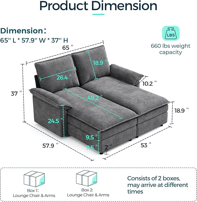 LINSY HOME Modular Sofa Chaise Lounge 65 Cloud Sofa Bed Lounge with Armrests Chenille Sleeper Sofa for Living Room Apartment Home Theater Grey