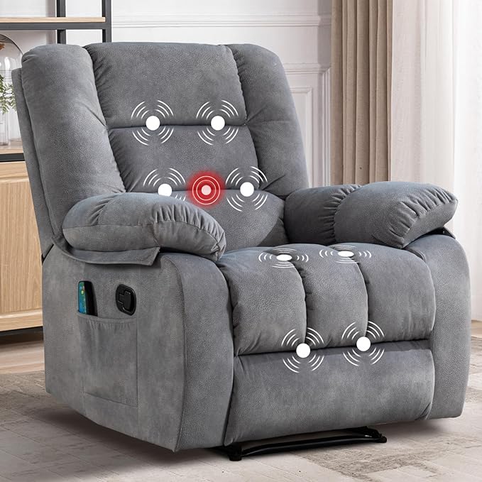 Massage Recliner Chair with Heat and Massage Ergonomic Overstuffed Breathable Fabric Reclining Chairs Single Sofa Chair with Side Pockets for Living Room Home Theater (L-Gray)