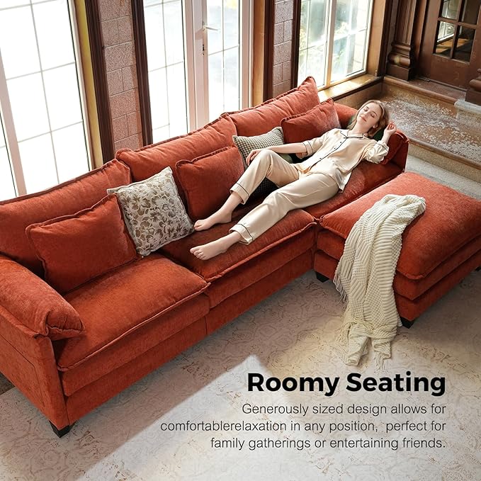 ELUCHANG 150 U Shaped Sectional Couch Comfy Cloud Modular Sectional Sofa with Movable Ottoman 6-Seat Deep Seat Modern Cloud Sofa Couches for Living Room Bedroom and Apartment Chenille Orange