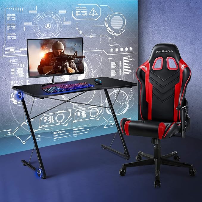 POWERSTONE Gaming Desk with Led Light - Z Shaped 43.5 inch Gaming Computer Desk Pc Gaming Table Home Office Desk Gamer Workstation with Carbon Fiber Surface