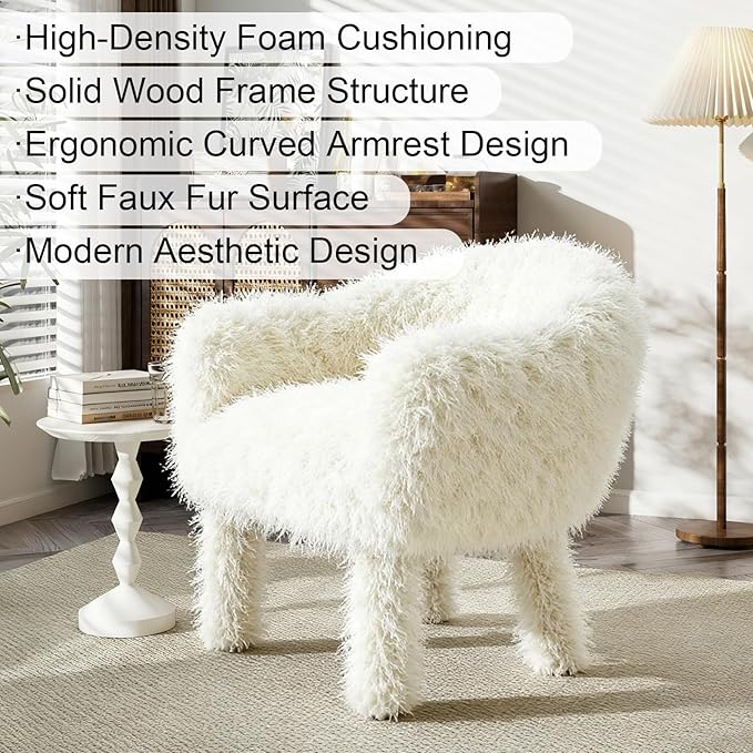 Modern Faux Fur Accent Chair with Solid Wood Frame Comfy Living Chair Cozy Furry Lounge Chair Upholstered Armchair for Living Room Bedroom Vanity Reading Nook (Ivory)
