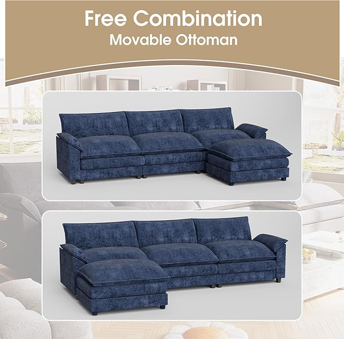 JUMMICO 119” Sectional Sofa Modern Deep Couch with Reversible Ottoman L-Shaped Chenille Fabric Modular Sofa Sleeper Comfy for Living Room/Bedroom/Apartment (Blue L Shaped Sofa)
