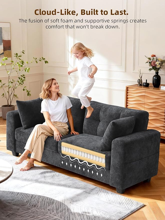 Loveseat Sofa for Living RoomModern Couch with Removable Chenille CoversWide ArmrestsSide PocketsUSB/Type-C Charging PortsEasy Assembly (70 inchGrey)