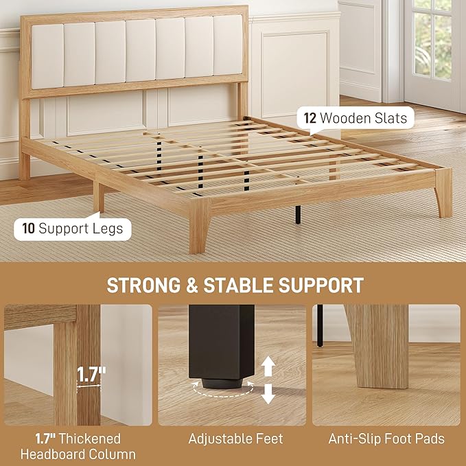 HOMCOM Queen Size Bed Frame with Upholstered Headboard Platform Bed Frame with Wooden Slats No Box Spring Needed Easy Assembly Natural