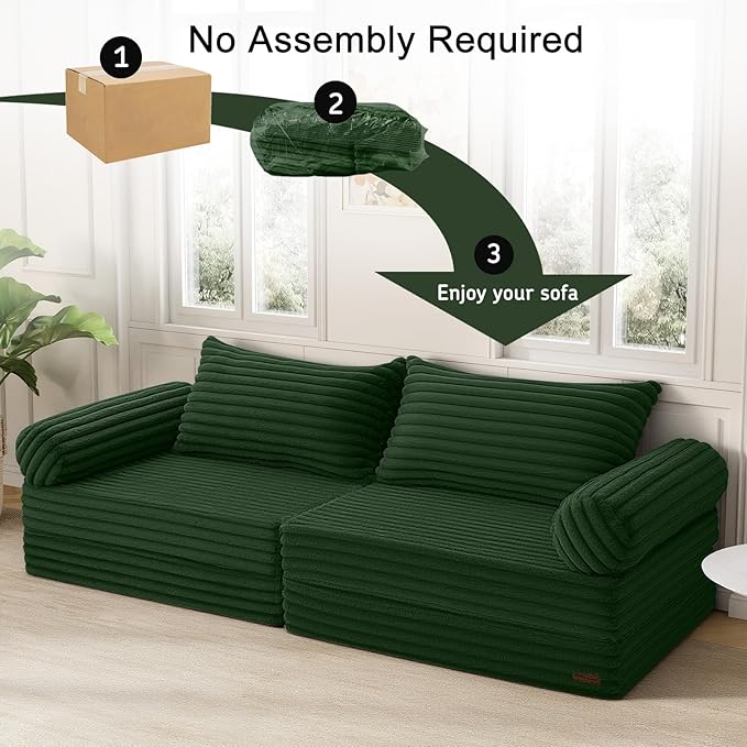 MeMoreCool Convertible Sofa Bed Folding Floor Couch Bed Queen Pull Out Sleeper Couch with Pillows Fold Out Futon Sofa for Bedroom Living Room Small Space Corduroy Green